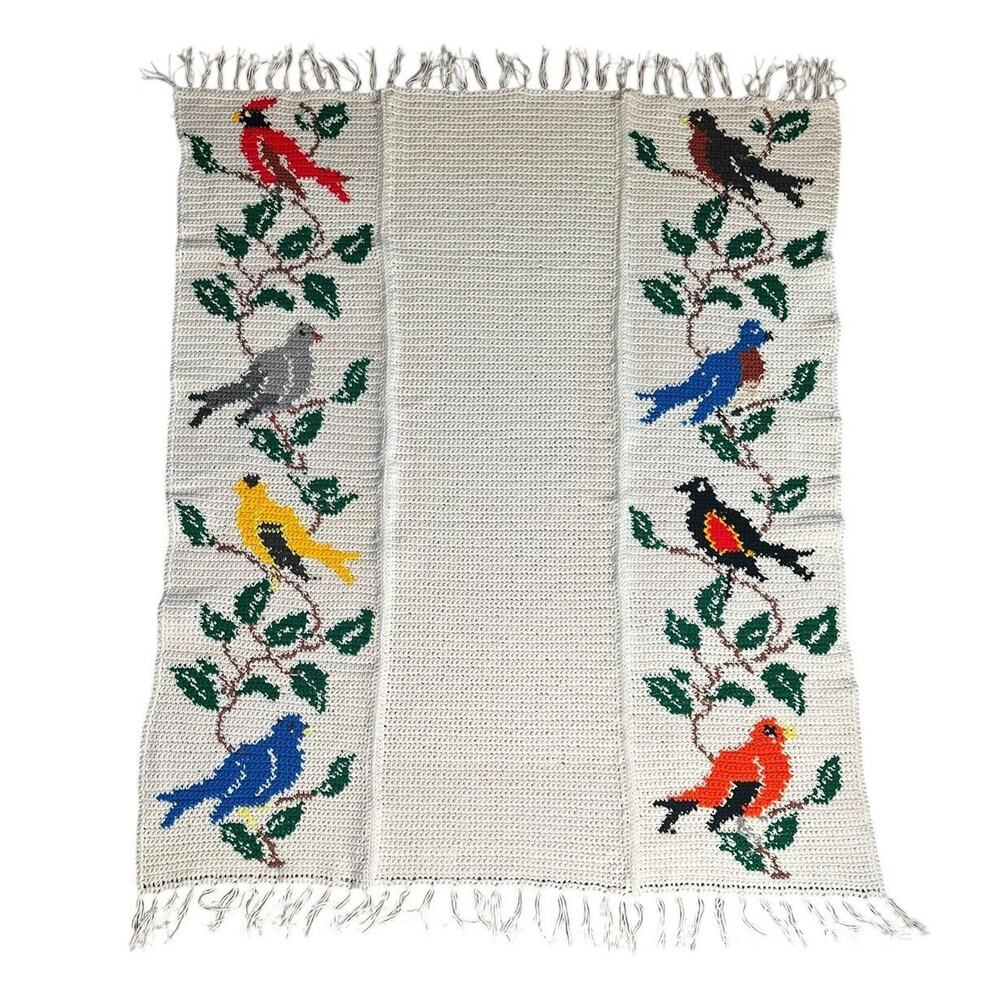 Handmade Colorful Birds White Crochet Knit Afghan Throw Blanket w/ Fringe 48x60